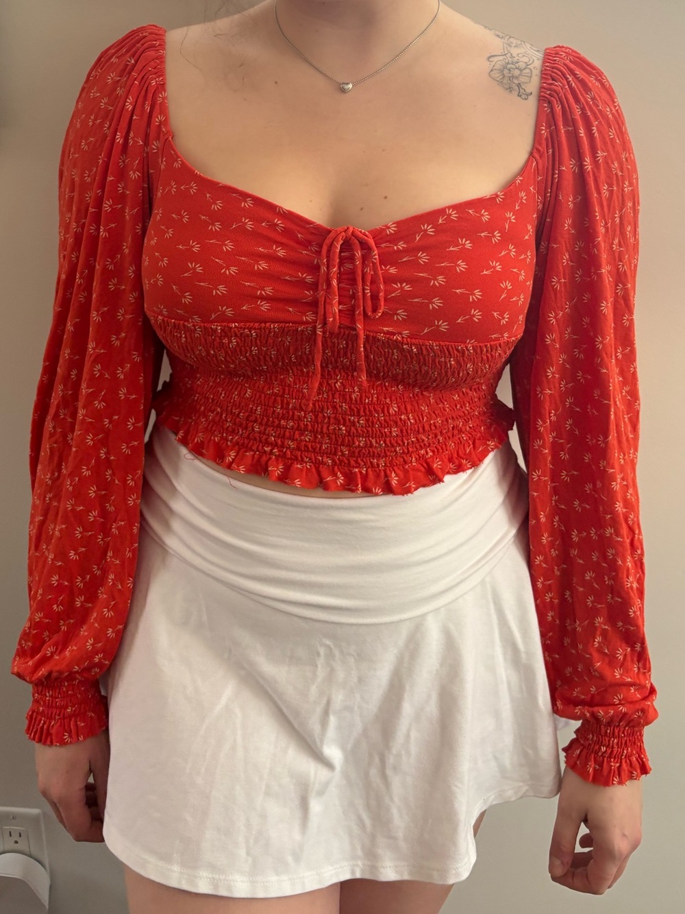 Urban Outfitters Orange Smocked Tie-Front Puff Sleeve Crop Top